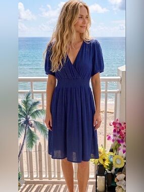Draper James Navy Blue V‑Neck Smocked Waist  Dress